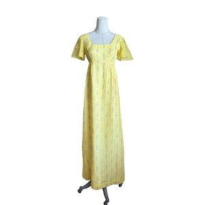 Vintage 60s 70s Yellow Floral High Waist Maxi Dress Coquette Regency Bridgerton
